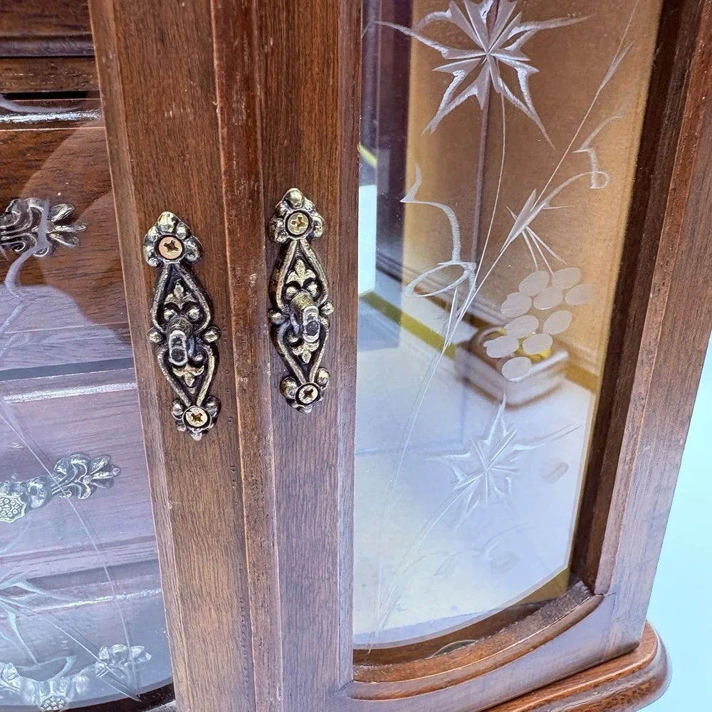 French Provincial Style Wooden Jewelry Armoire Chest Box Case Gold Glass Doors